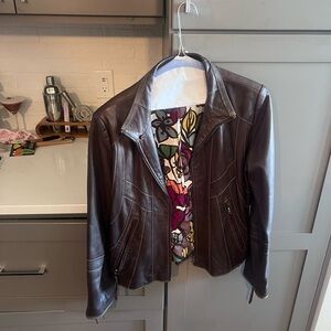 Andrew Marc Dark Brown Leather Jacket with Colorful Floral Lining